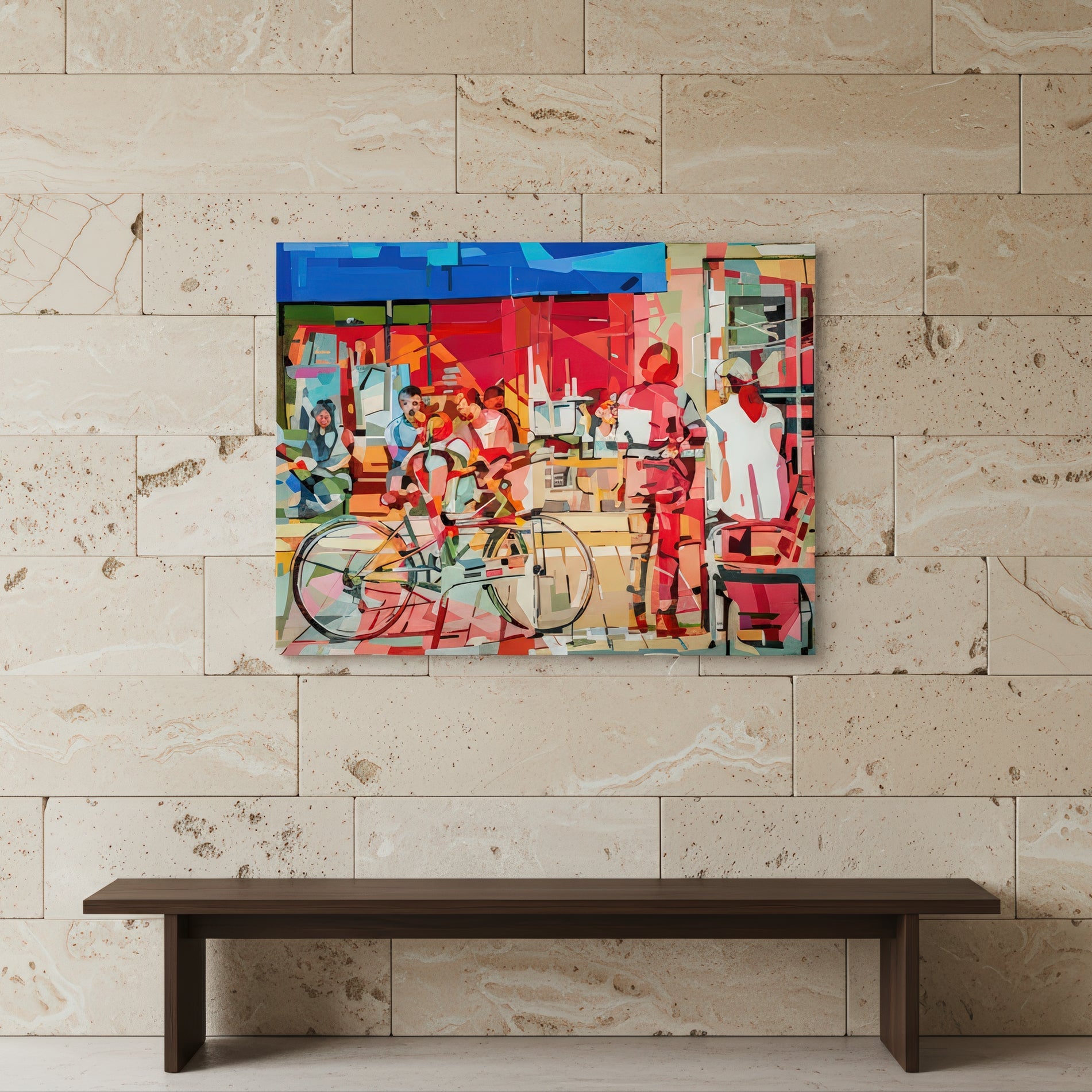 Limited edition fine art print by Noemi Safir presenting a vibrant Rothschild Boulevard scene with café seating, cyclists, and pedestrians, rendered in a lively composition of rose, salmon, sky blue, ivory, red, and soft mint.