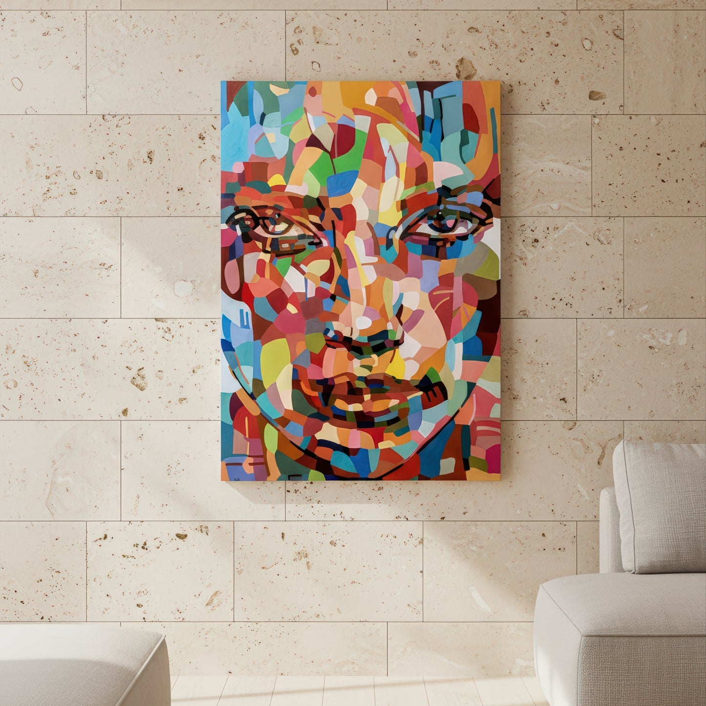 Contemporary female portrait print by Noemi Safir featuring a frontal face in expressive painterly fragments of pink, coral, light blue, teal, yellow, green, and cream, creating a bold and luminous composition.