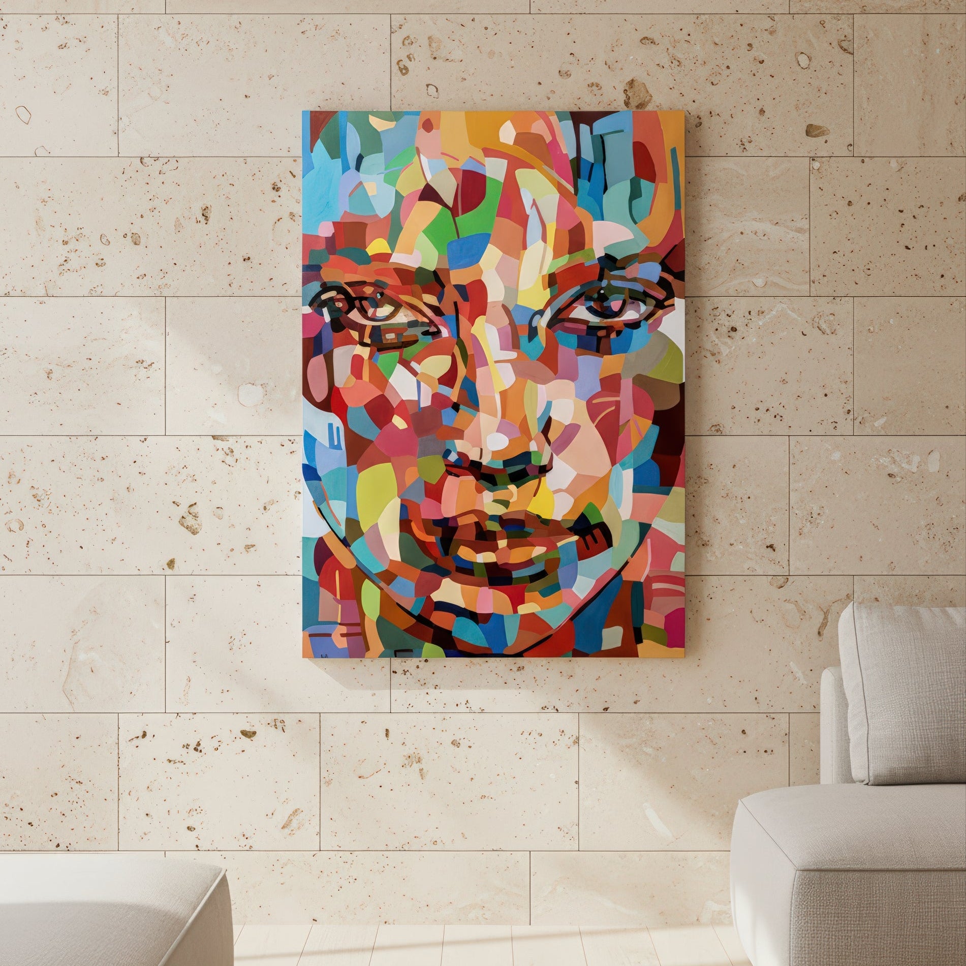 Contemporary female portrait print by Noemi Safir featuring a frontal face in expressive painterly fragments of pink, coral, light blue, teal, yellow, green, and cream, creating a bold and luminous composition.