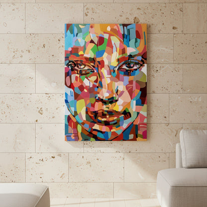 Contemporary female portrait print by Noemi Safir featuring a frontal face in expressive painterly fragments of pink, coral, light blue, teal, yellow, green, and cream, creating a bold and luminous composition.