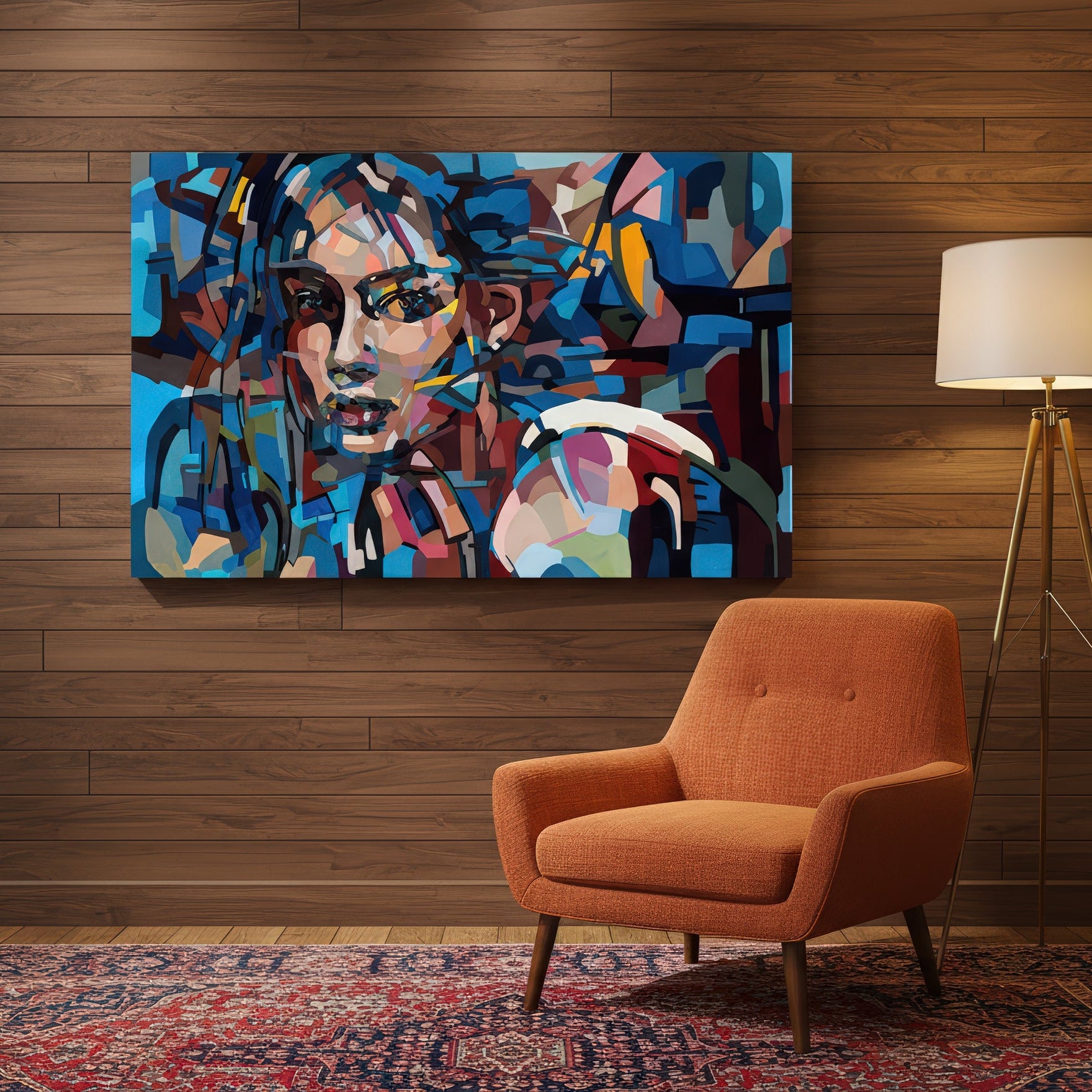 Limited edition contemporary portrait print by Noemi Safir, presenting a woman’s face through fragmented color fields and strong contour lines, creating a vivid balance of intimacy, mystery, and emotional presence.