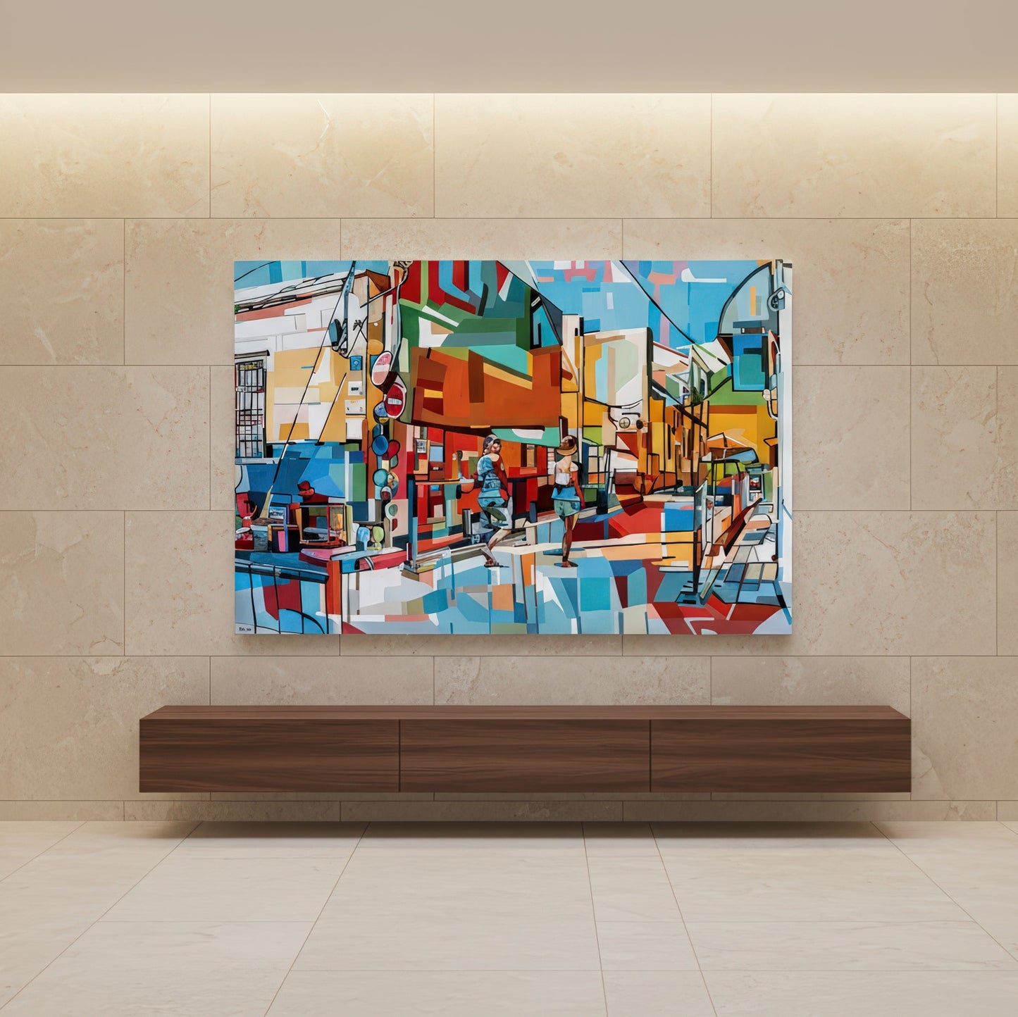 Taking A Tour by Noemi Safir is a signed limited edition print with two figures walking through a sunlit neighborhood, where colorful architecture and reflective ground planes create a fresh energetic city atmosphere.