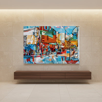 Taking A Tour by Noemi Safir is a signed limited edition print with two figures walking through a sunlit neighborhood, where colorful architecture and reflective ground planes create a fresh energetic city atmosphere.