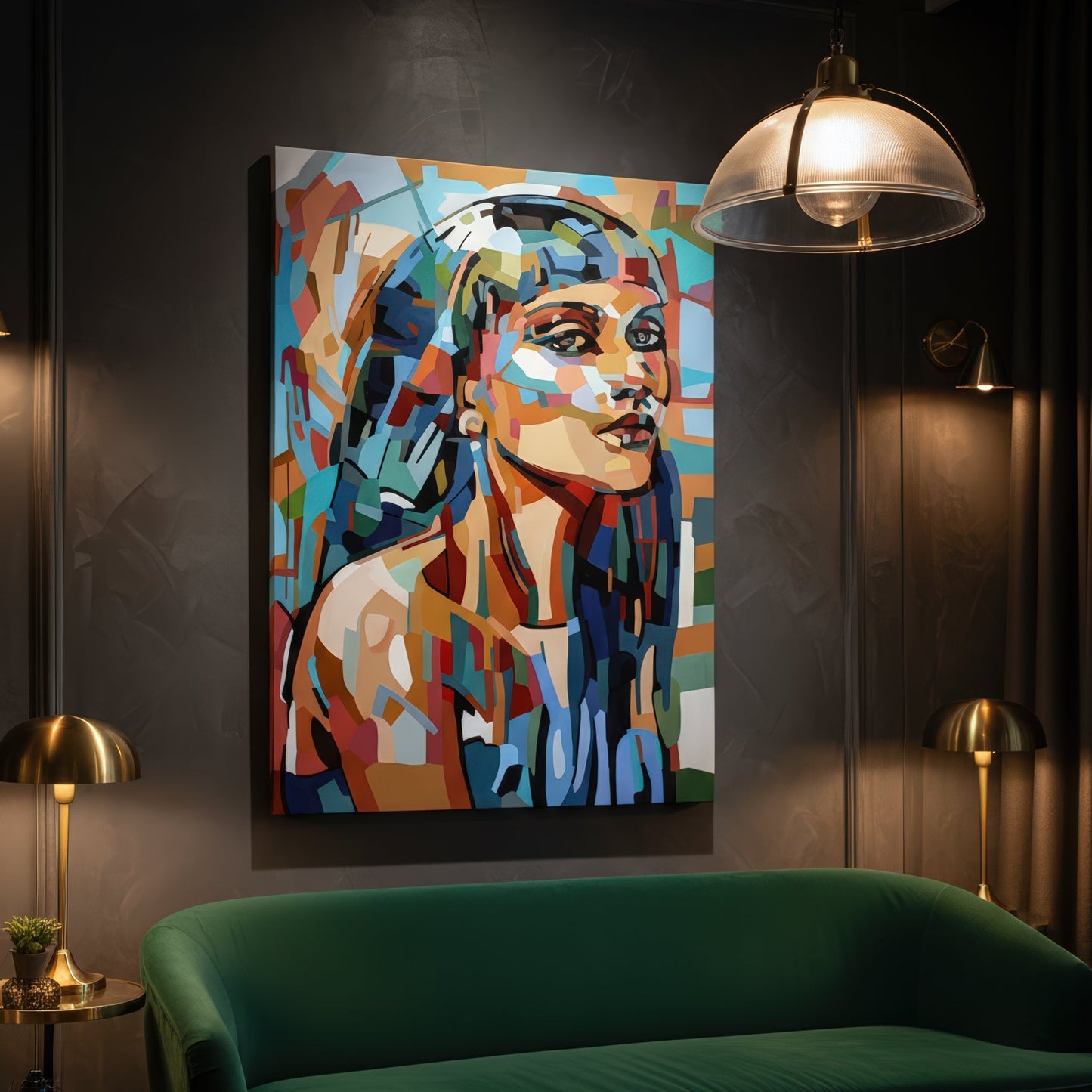 Collectible figurative art print by Noemi Safir featuring a woman’s face and shoulder in a strong side turned composition, with luminous skin tones and fragmented abstract color planes in turquoise, red, peach, and