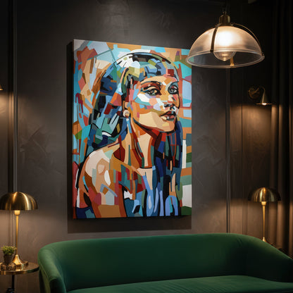 Collectible figurative art print by Noemi Safir featuring a woman’s face and shoulder in a strong side turned composition, with luminous skin tones and fragmented abstract color planes in turquoise, red, peach, and