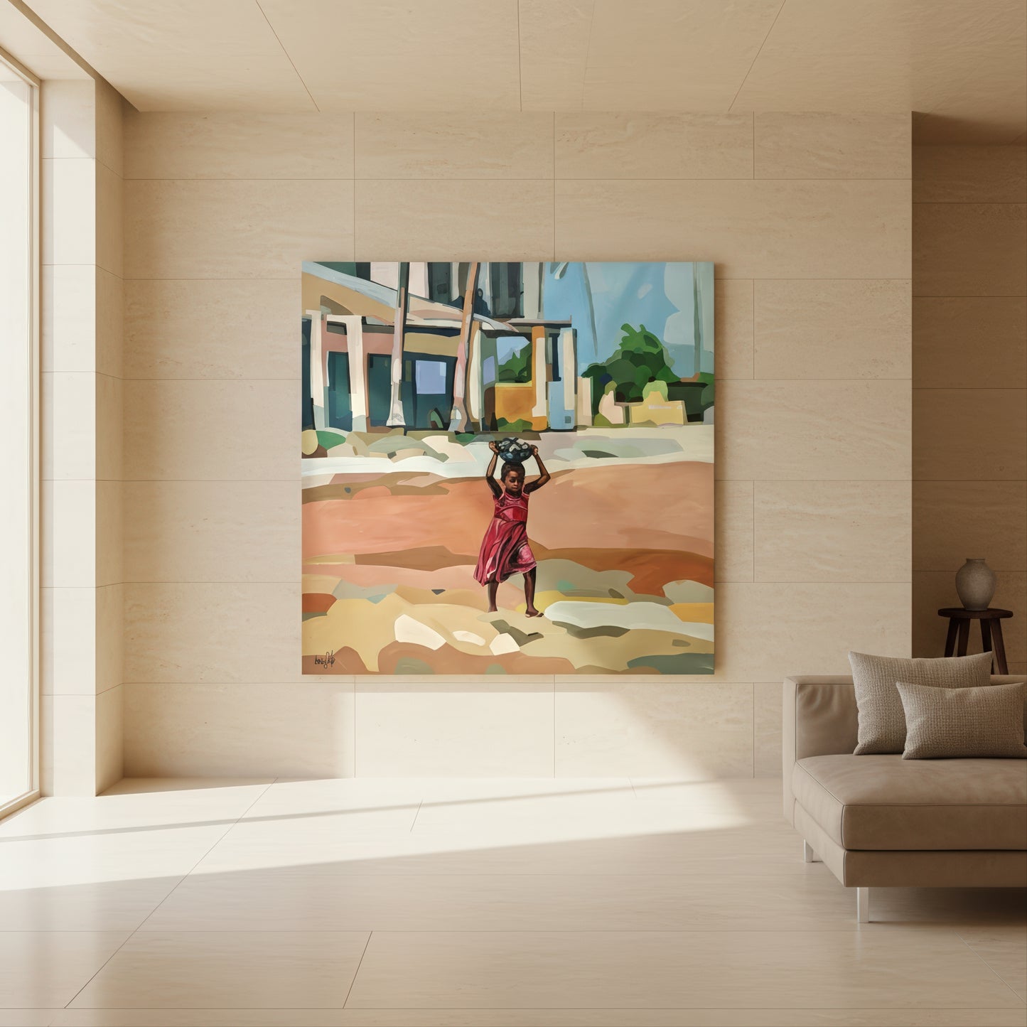 Search for my own gold is a limited edition art print by Noemi Safir depicting a solitary young girl walking across a warm ochre and terracotta landscape, carrying a bowl on her head in front of simple houses and tropical greenery.