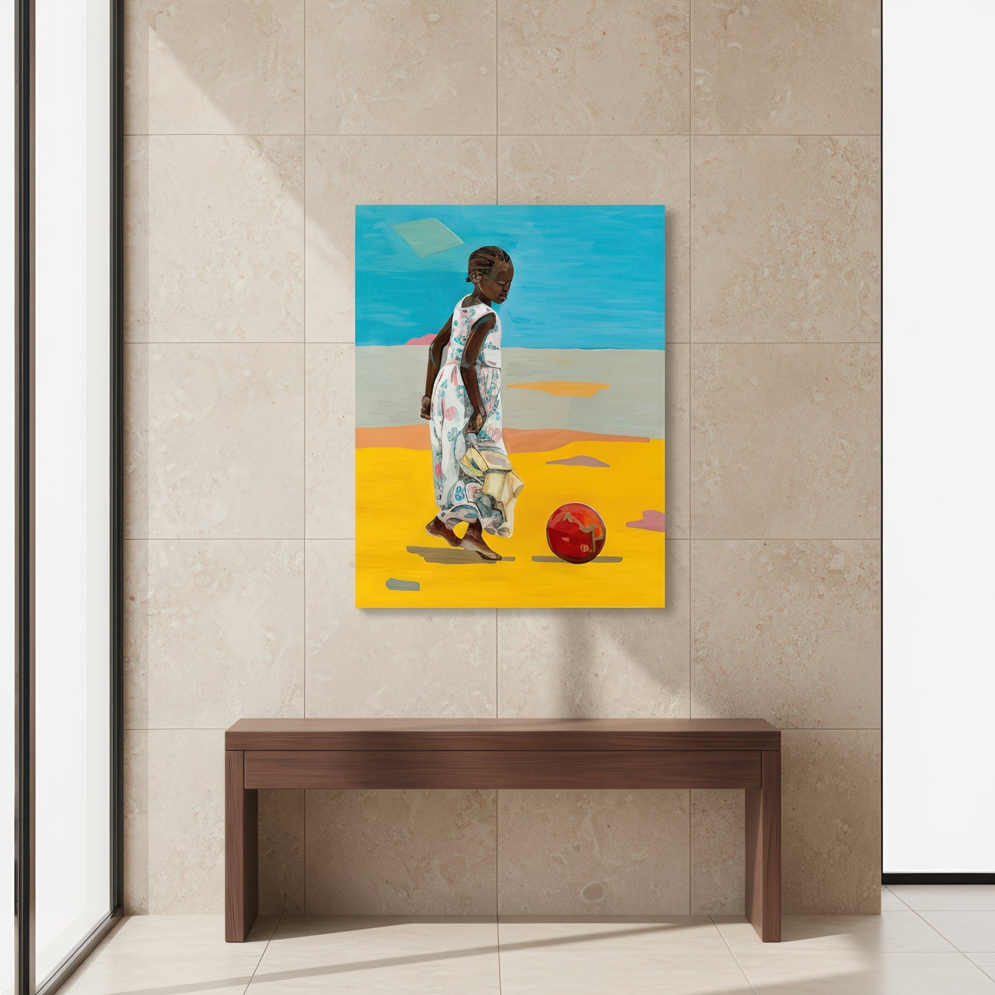 Museum quality fine art print by Noemi Safir based on an original painting, showing a child outdoors in a floral dress, moving lightly across a glowing yellow ground with a red ball and a soft horizon under a clear blue sky.