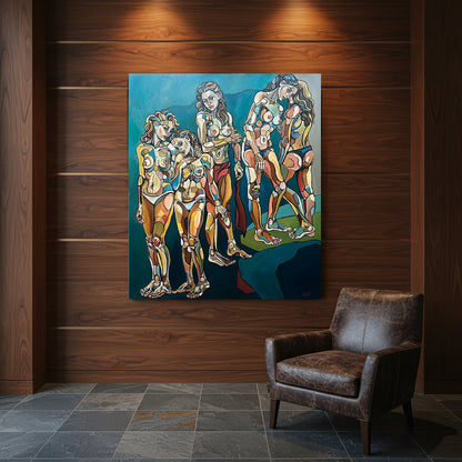 One of a kind original artwork by Noemi Safir showing five women in an intimate contemporary group portrait against a dark blue background