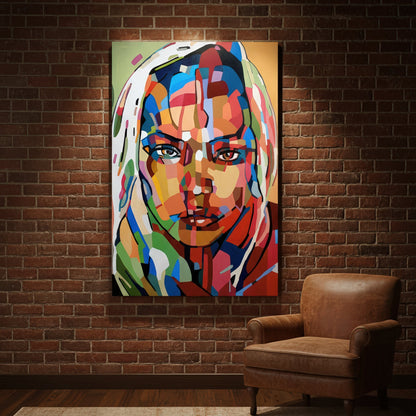 Signed and hand numbered fine art print by Noemi Safir, showing a woman’s face in a frontal close composition, rendered through bold abstract color blocks and expressive contemporary brushwork.
