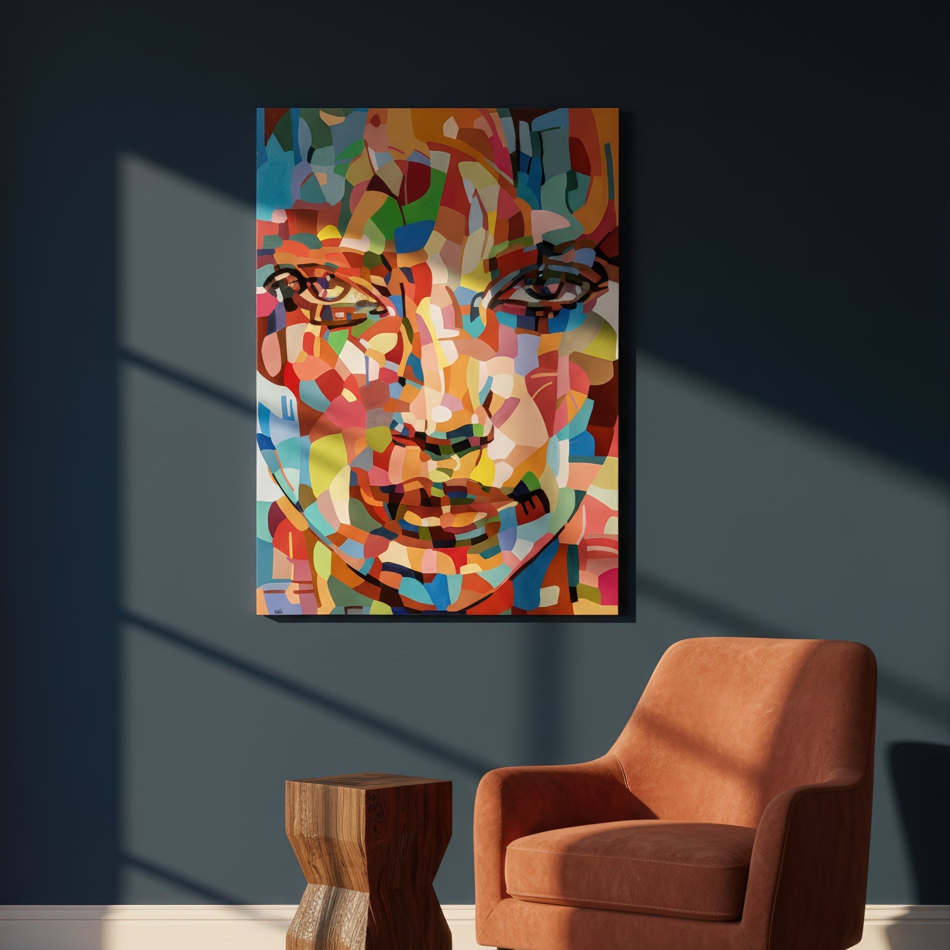 The accepting by Noemi Safir is a limited edition fine art print featuring a close female portrait built from vivid blocks of coral, turquoise, pink, red, blue, green, peach, and cream.