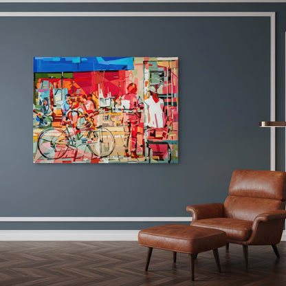 Coffee at Rothschild BV by Noemi Safir is a limited edition fine art print featuring a lively urban café scene with bicycles, seated figures, and standing pedestrians in vivid tones of pink, coral, red, blue, cream, and pale green.