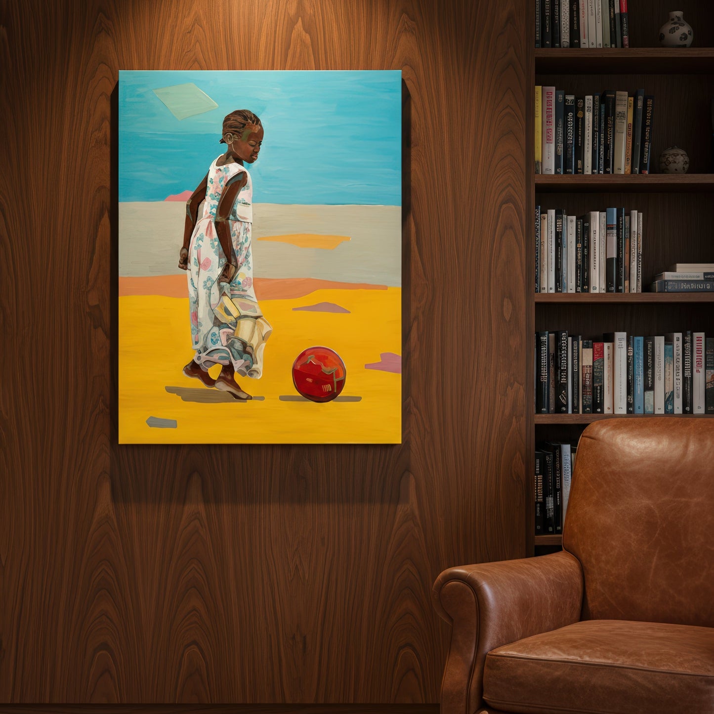 Contemporary figurative wall art by Noemi Safir featuring a young girl in a delicate patterned dress and bare feet, standing near a red ball in an open minimalist scene filled with warmth, light, and quiet motion.
