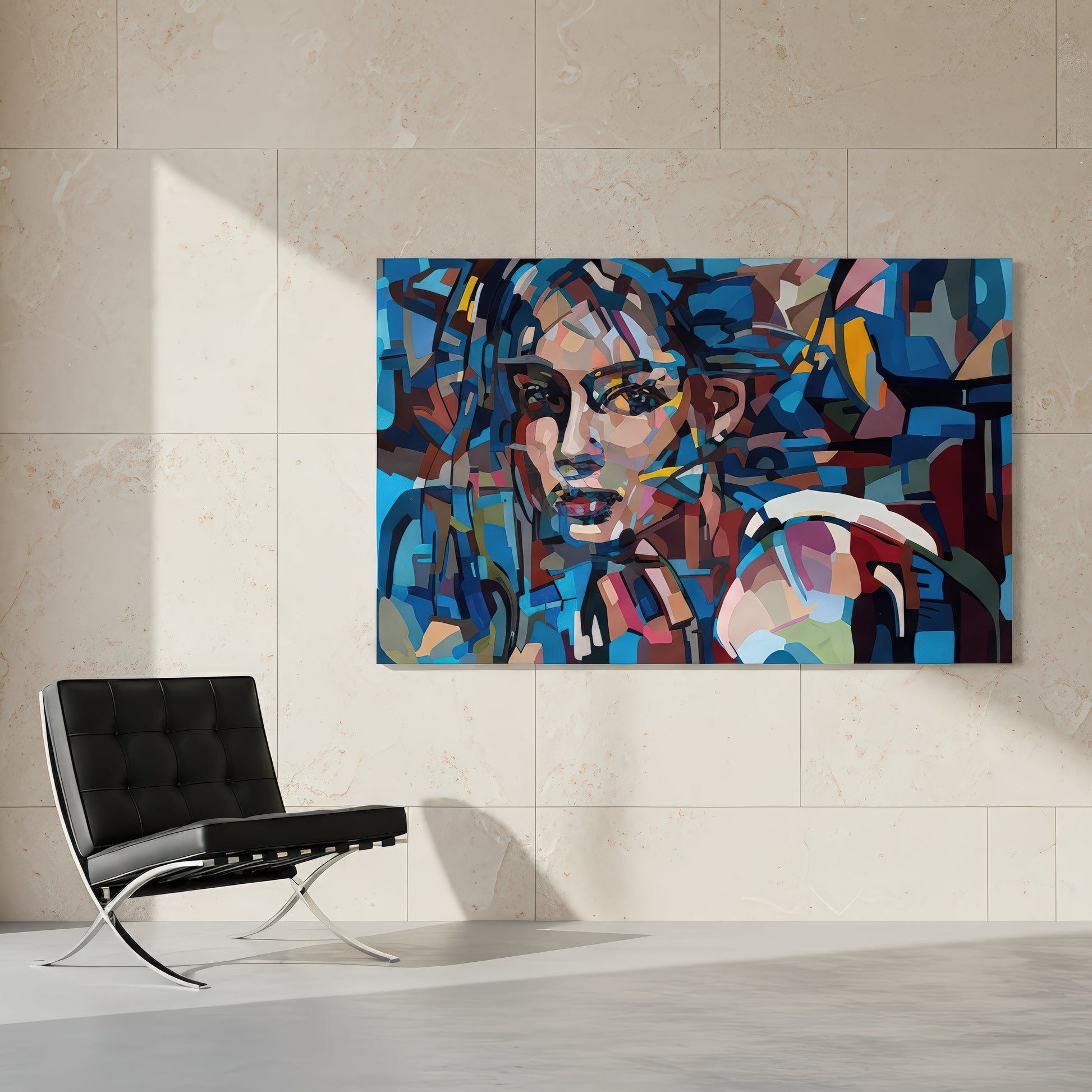 It’s the way you say my name by Noemi Safir is a limited edition fine art print featuring a close female portrait in rich tones of blue, navy, turquoise, pink, burgundy, cream, and soft olive green.