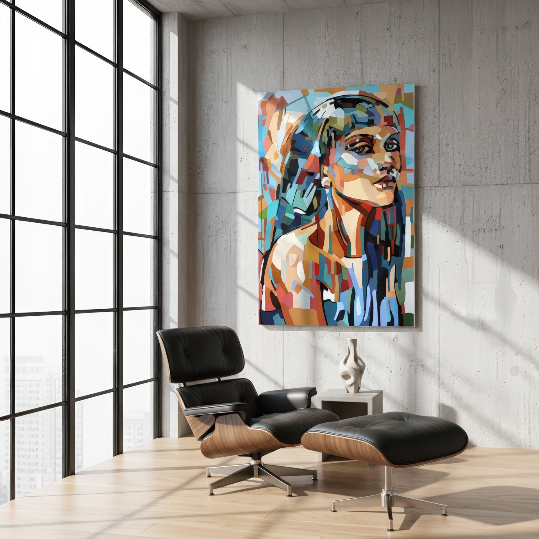 Museum quality fine art print by Noemi Safir based on an original painting, showing a close female portrait in a vivid palette of pale blue, teal, peach, crimson, cream, and dark shadowed accents.