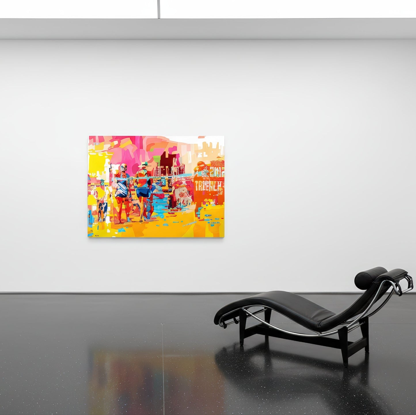 Fine art wall print by Noemi Safir featuring a bright beach promenade scene with several figures, reflective wet sand, and distant beach architecture, painted in expressive contemporary blocks of hot pink, aqua, coral, and sunshine yellow.