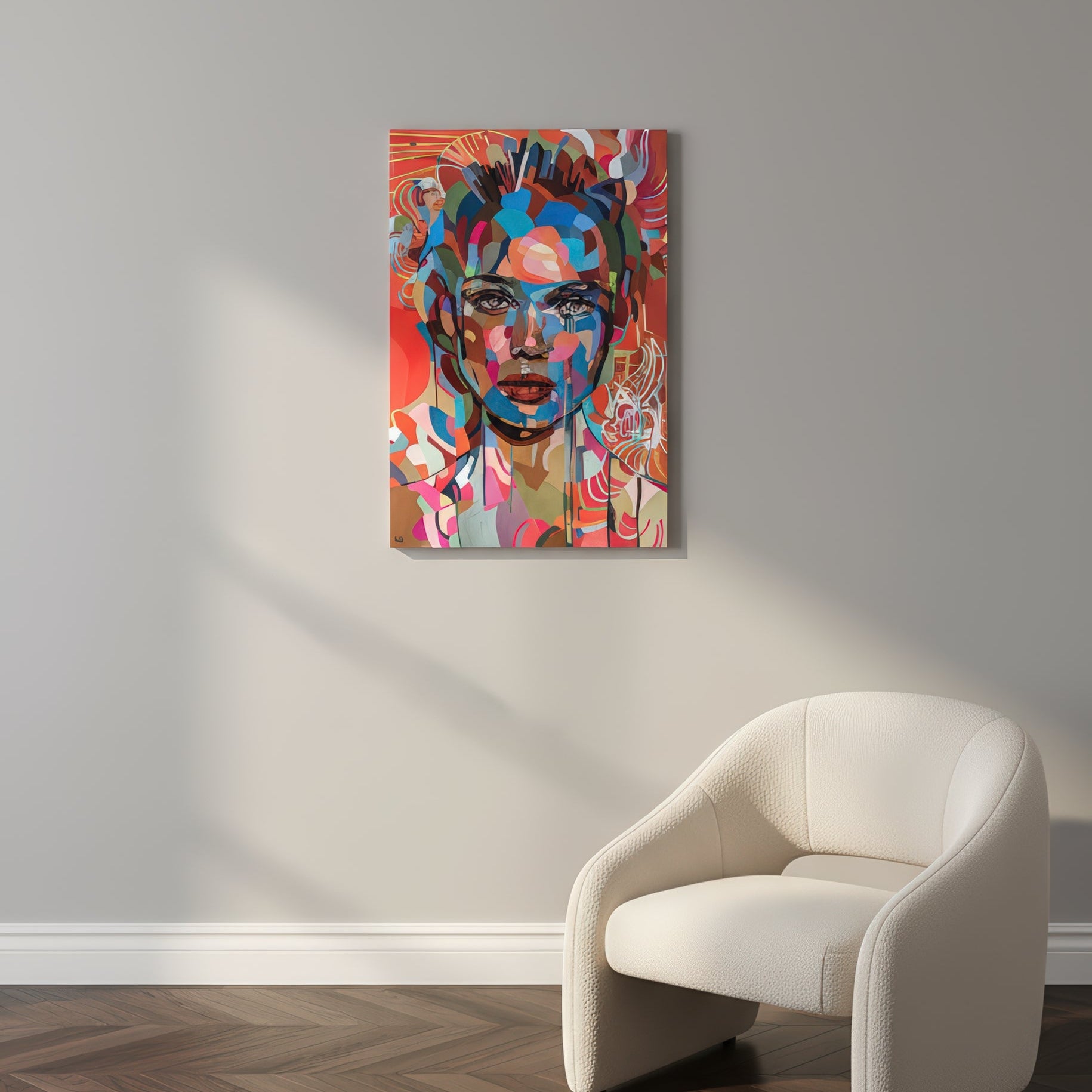 Contemporary female portrait print by Noemi Safir featuring a frontal face with a calm intense expression, painted in bold geometric strokes of aqua, coral, magenta, peach, cream, and muted green.