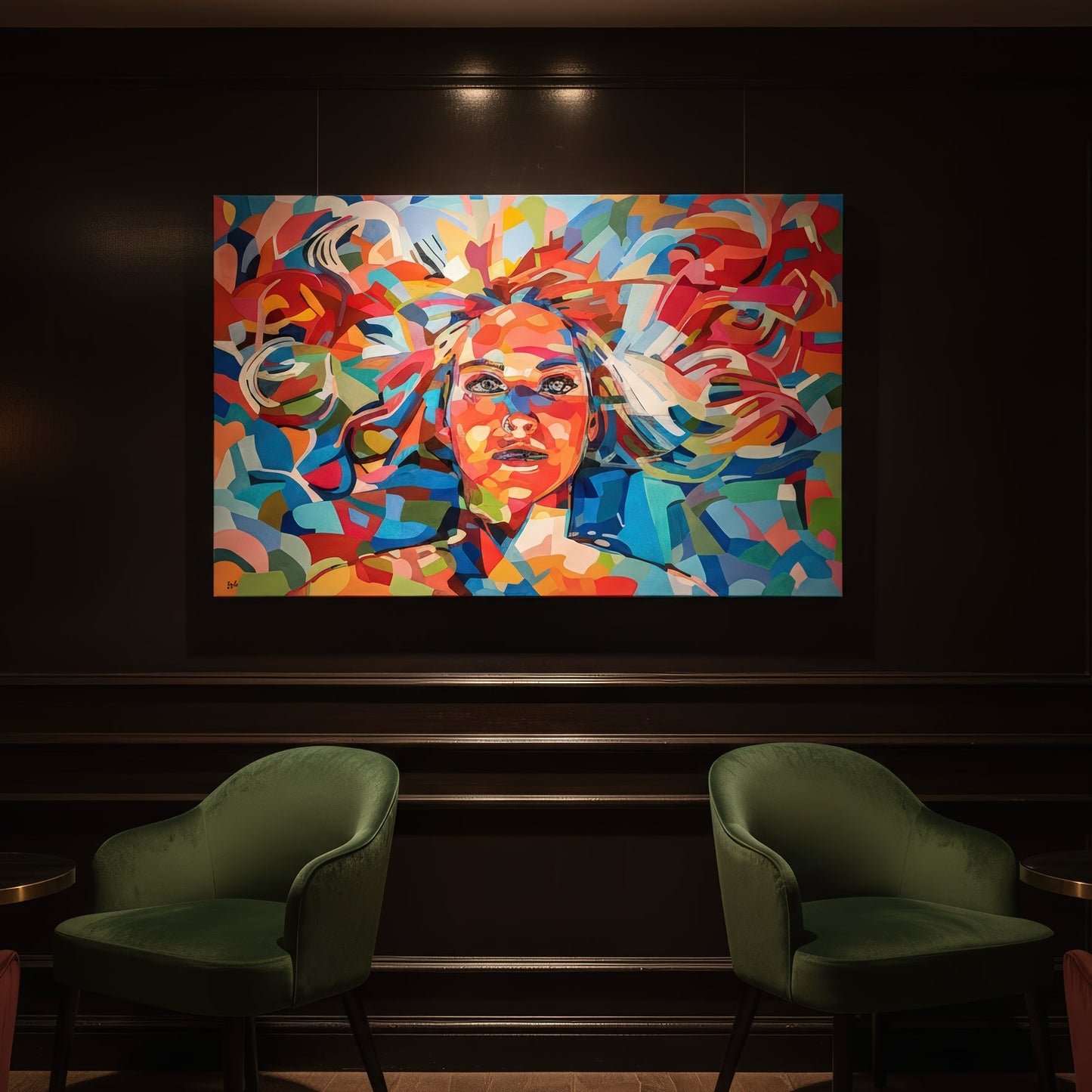 Collectible figurative art print by Noemi Safir featuring a woman’s face surrounded by flowing curved forms and colorful painterly fragments, creating a vivid sense of movement, light, and emotional intensity.