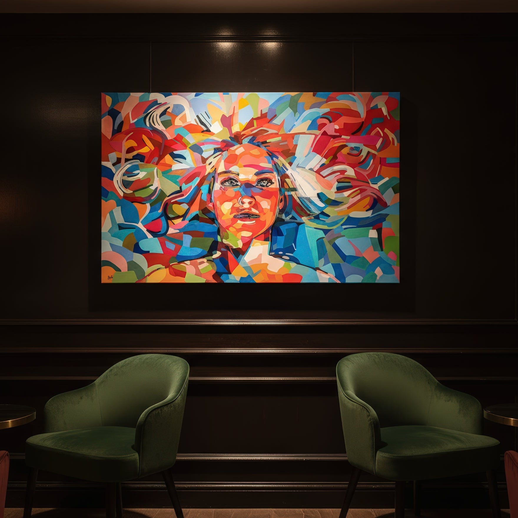 Collectible figurative art print by Noemi Safir featuring a woman’s face surrounded by flowing curved forms and colorful painterly fragments, creating a vivid sense of movement, light, and emotional intensity.