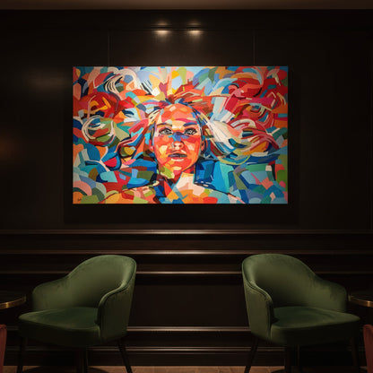 Collectible figurative art print by Noemi Safir featuring a woman’s face surrounded by flowing curved forms and colorful painterly fragments, creating a vivid sense of movement, light, and emotional intensity.