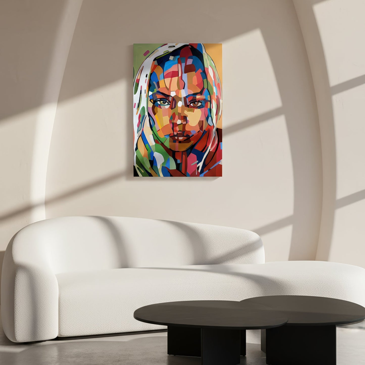 Limited edition contemporary portrait print by Noemi Safir, presenting a woman’s face through structured geometric brushstrokes, creating a vivid balance of strength, calm, and emotional presence.