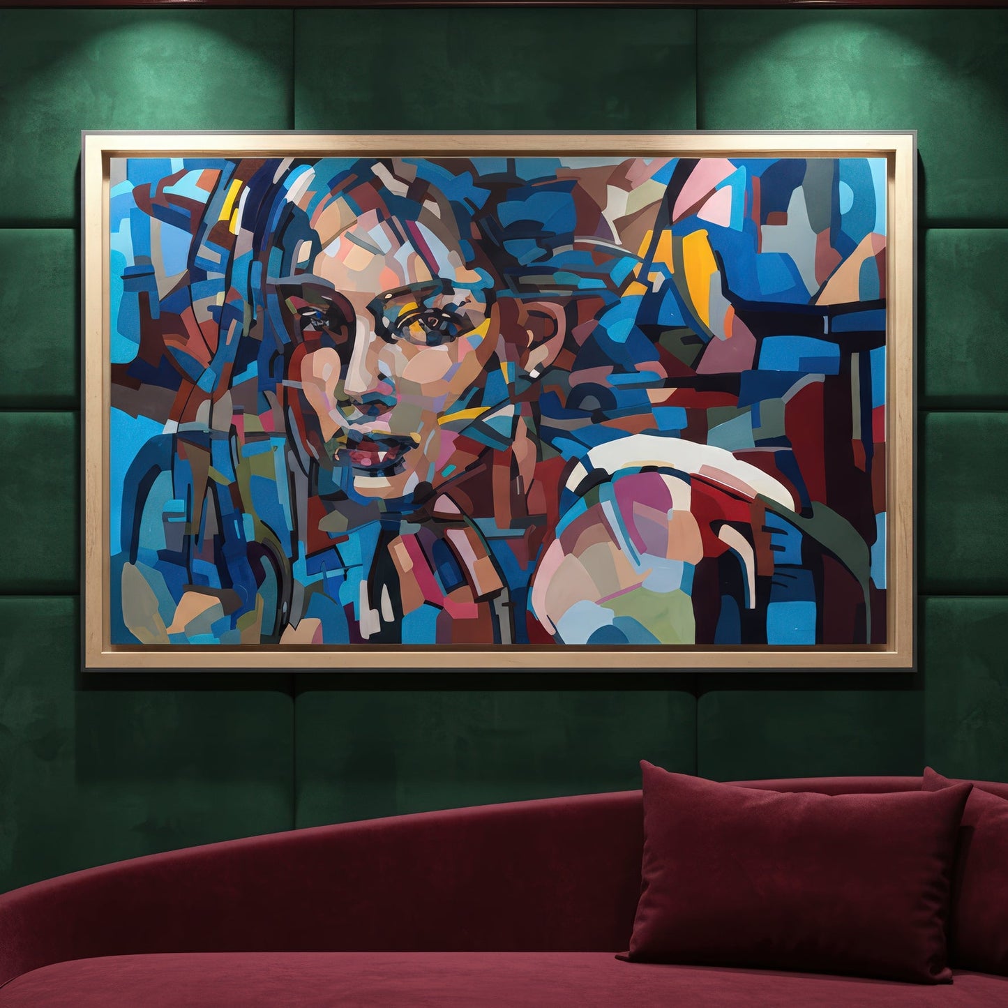 Museum quality fine art print by Noemi Safir based on an original painting, showing a female portrait in layered shades of electric blue, pale turquoise, pink, burgundy, cream, and deep shadowed accents.
