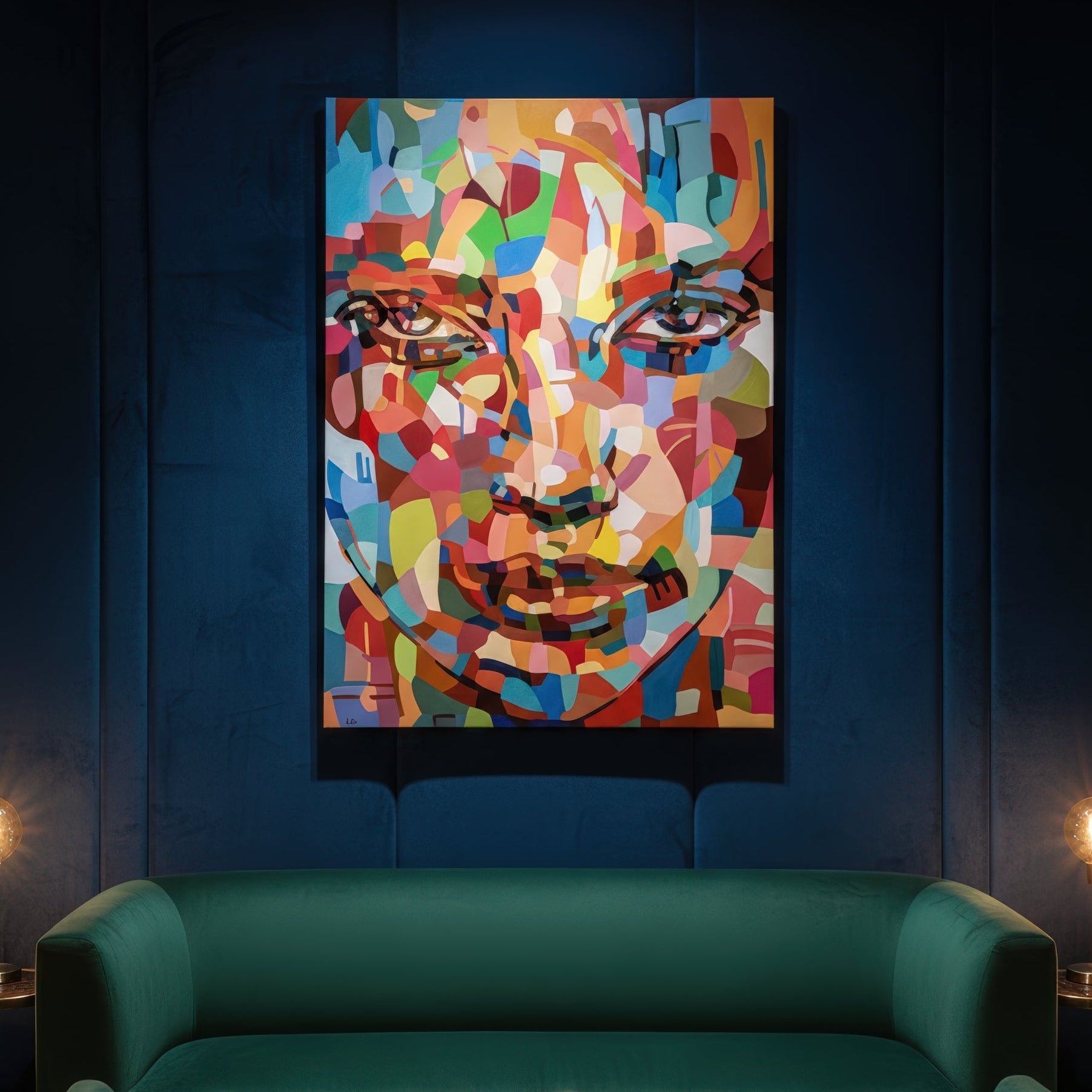 The accepting by Noemi Safir is a signed limited edition print with a close up female portrait in richly layered abstract color blocks, offering a striking wall art statement filled with warmth, softness, and strength.