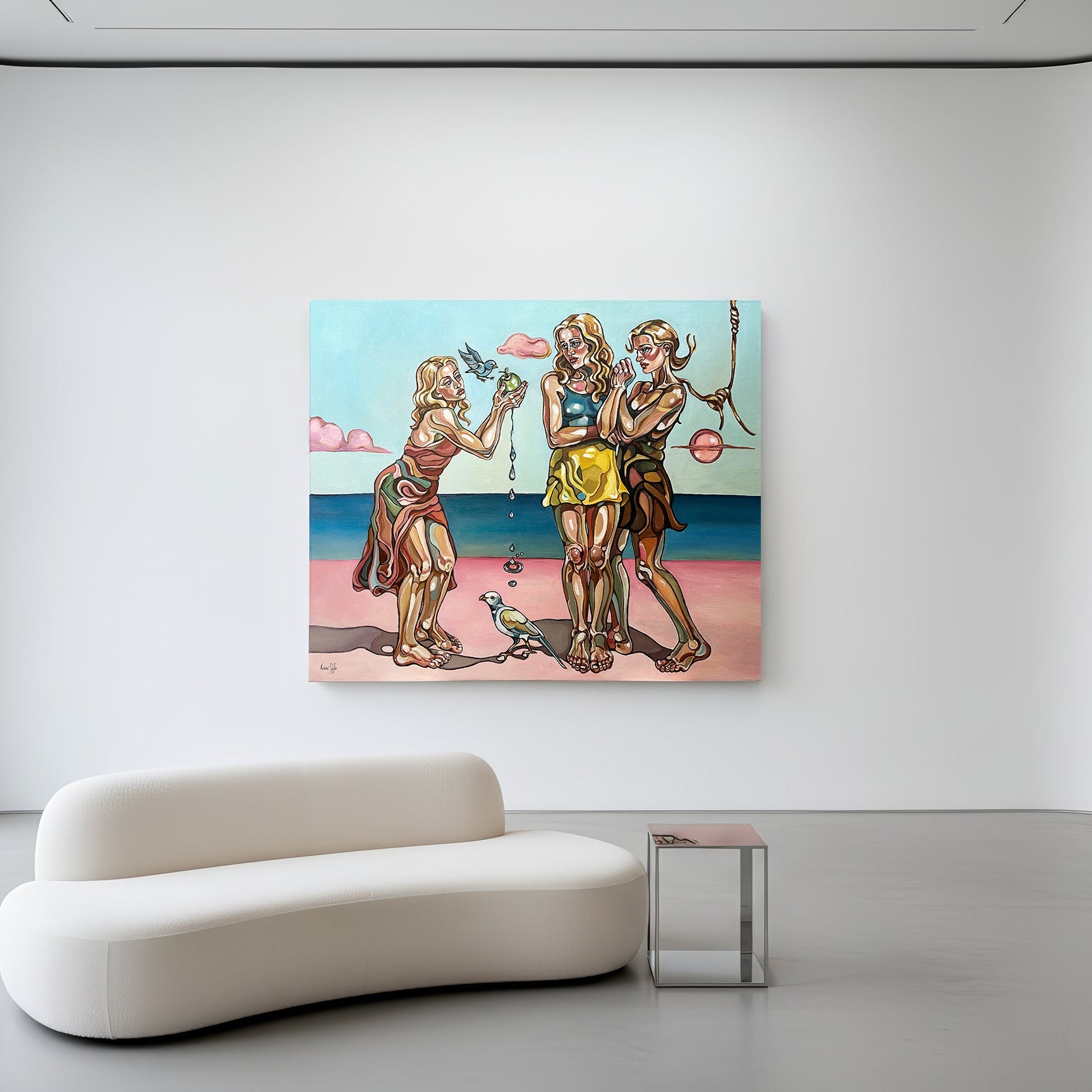 Original contemporary painting by Noemi Safir showing three women, a held apple, symbolic water drops, and a surreal coastal atmosphere