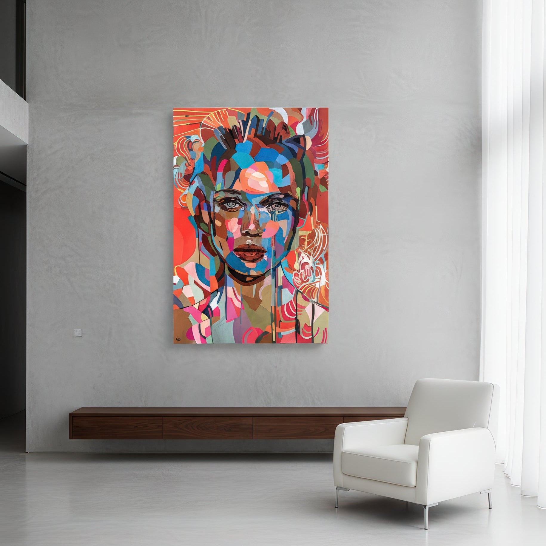 Limited edition contemporary portrait print by Noemi Safir, presenting a woman’s face through fragmented color planes and delicate dripped lines, creating a vivid balance of strength, softness, and emotional presence.