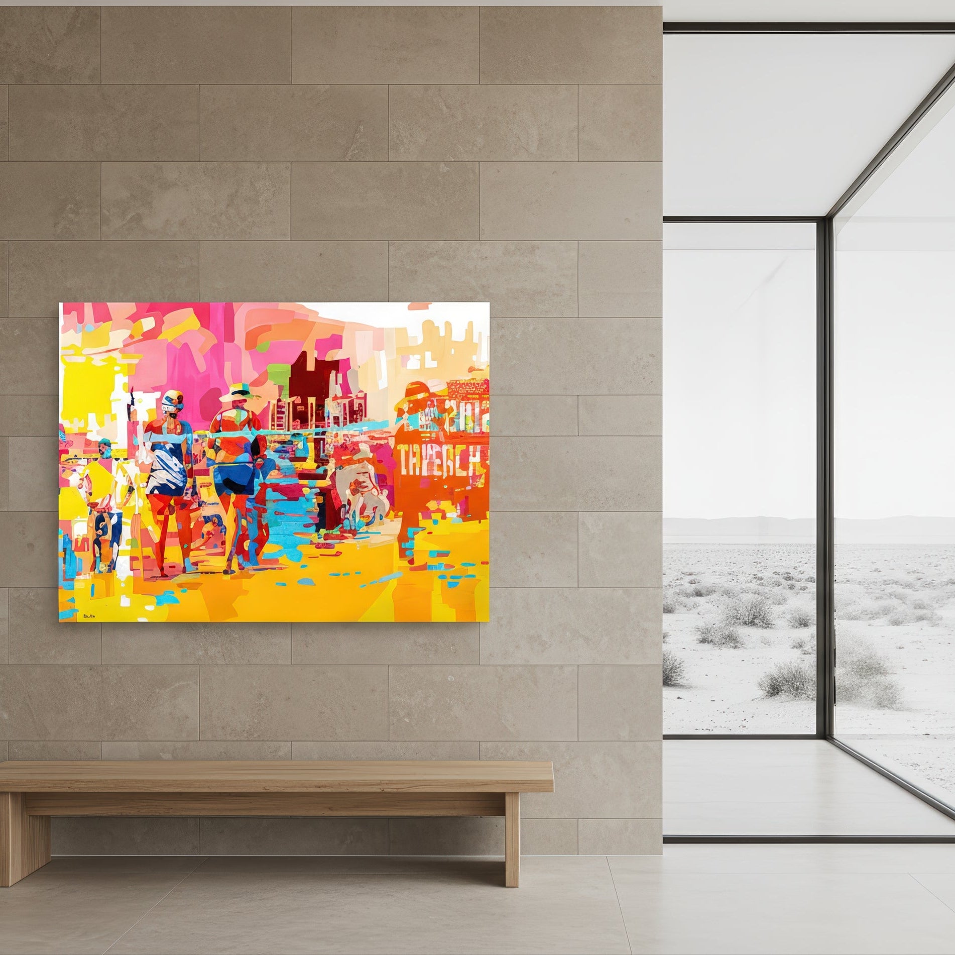Museum quality art print by Noemi Safir based on an original painting, showing a sun drenched beach in Tel Aviv with standing figures, bright reflective ground, and a bold contemporary color scheme of pink, orange, blue, and yellow.