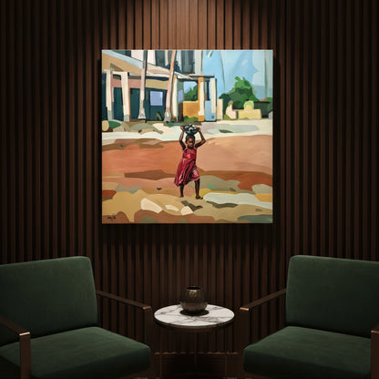 Collectible figurative art print by Noemi Safir featuring a child in a flowing red dress carrying a bowl above her head, set within a quiet sunlit village scene painted in earthy beige, peach, green, and sky blue tones.