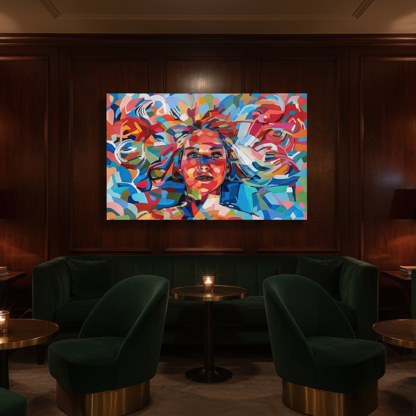 Contemporary female portrait print by Noemi Safir featuring a woman with bright blue eyes and flowing abstract surroundings, painted in saturated tones of coral, aqua, fuchsia, pale green, white, and deep blue.