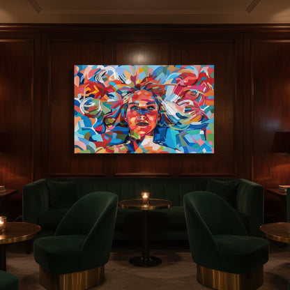 Contemporary female portrait print by Noemi Safir featuring a woman with bright blue eyes and flowing abstract surroundings, painted in saturated tones of coral, aqua, fuchsia, pale green, white, and deep blue.