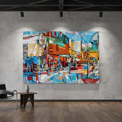 Taking A Tour by Noemi Safir is a limited edition fine art print featuring two walking figures in a bright urban street scene painted in vivid tones of turquoise, coral, red, yellow, mint, white, and sky blue.
