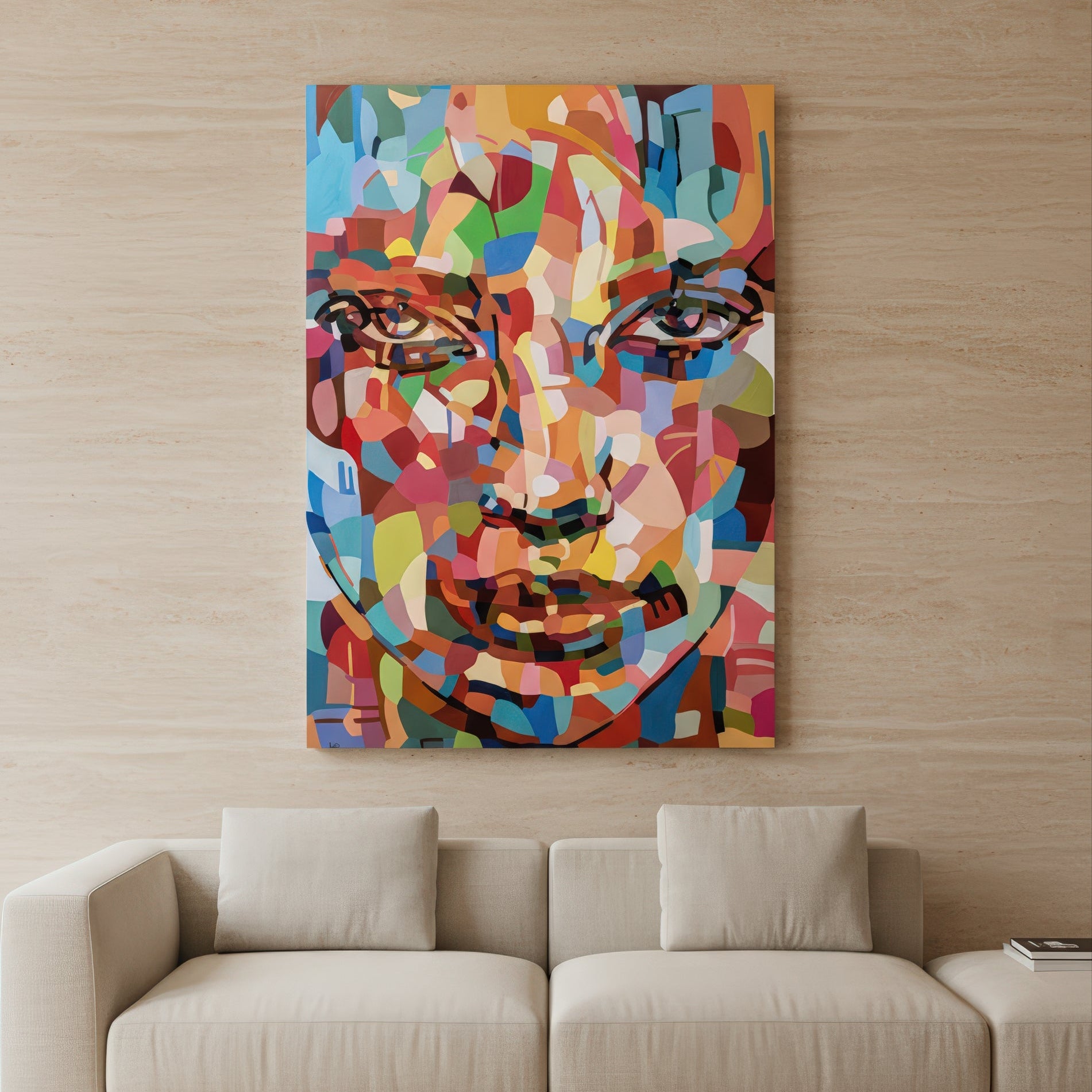 Limited edition contemporary portrait print by Noemi Safir, presenting a female face in a vibrant mosaic of abstract brushstrokes, where warm peach and red tones meet cool aqua, sky blue, and mint green.