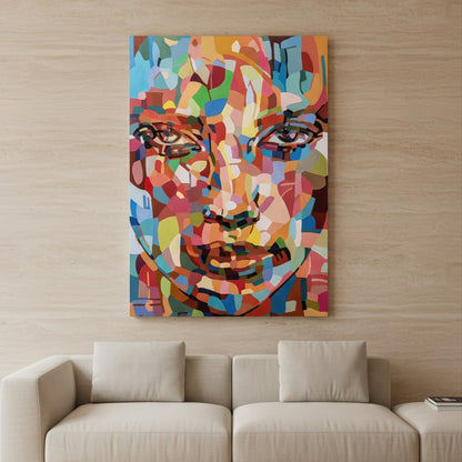 Limited edition contemporary portrait print by Noemi Safir, presenting a female face in a vibrant mosaic of abstract brushstrokes, where warm peach and red tones meet cool aqua, sky blue, and mint green.