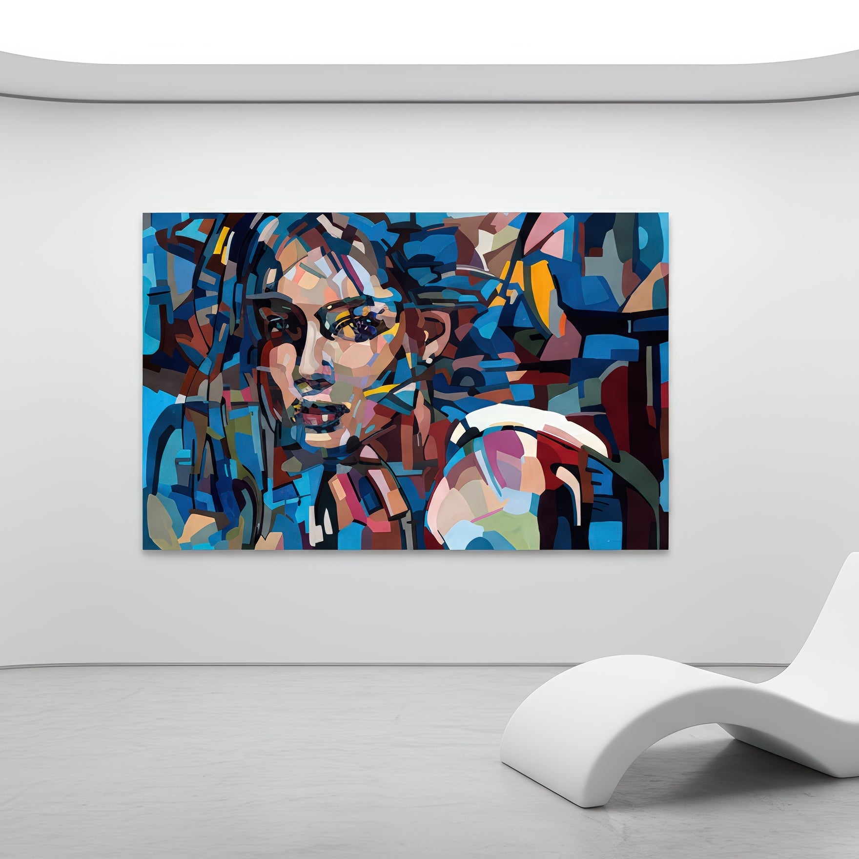 Contemporary female portrait print by Noemi Safir featuring a woman with a calm intense expression, painted in bold geometric strokes of blue, magenta, blush, mauve, soft green, and warm peach tones.