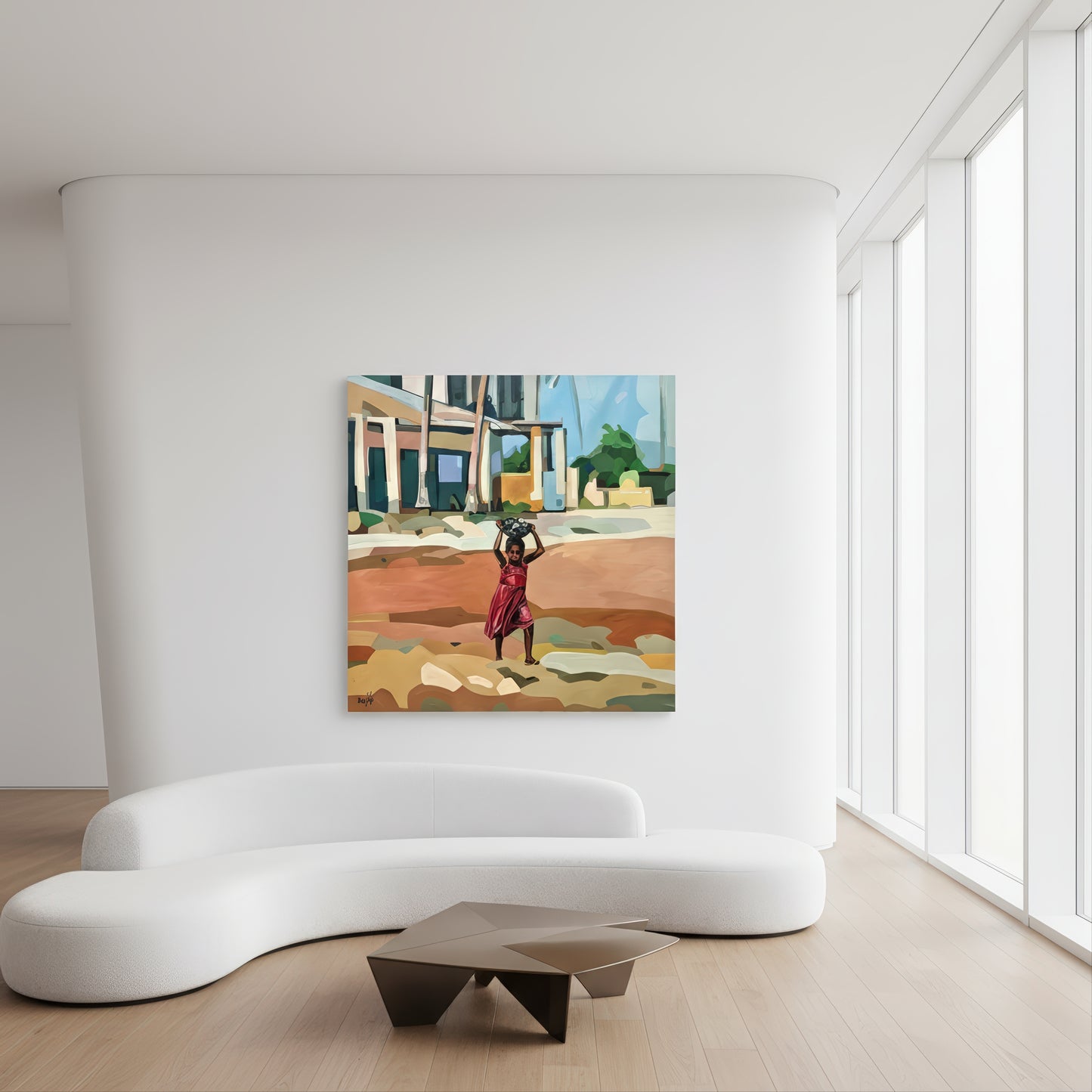 Limited edition contemporary print by Noemi Safir presenting a young girl standing barefoot in a warm open landscape, with a bowl balanced on her head, low buildings in the background, and a calm palette of sand, terracotta, cream, and pale blue.