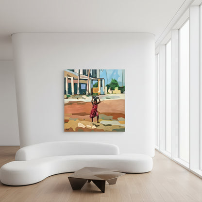 Limited edition contemporary print by Noemi Safir presenting a young girl standing barefoot in a warm open landscape, with a bowl balanced on her head, low buildings in the background, and a calm palette of sand, terracotta, cream, and pale blue.