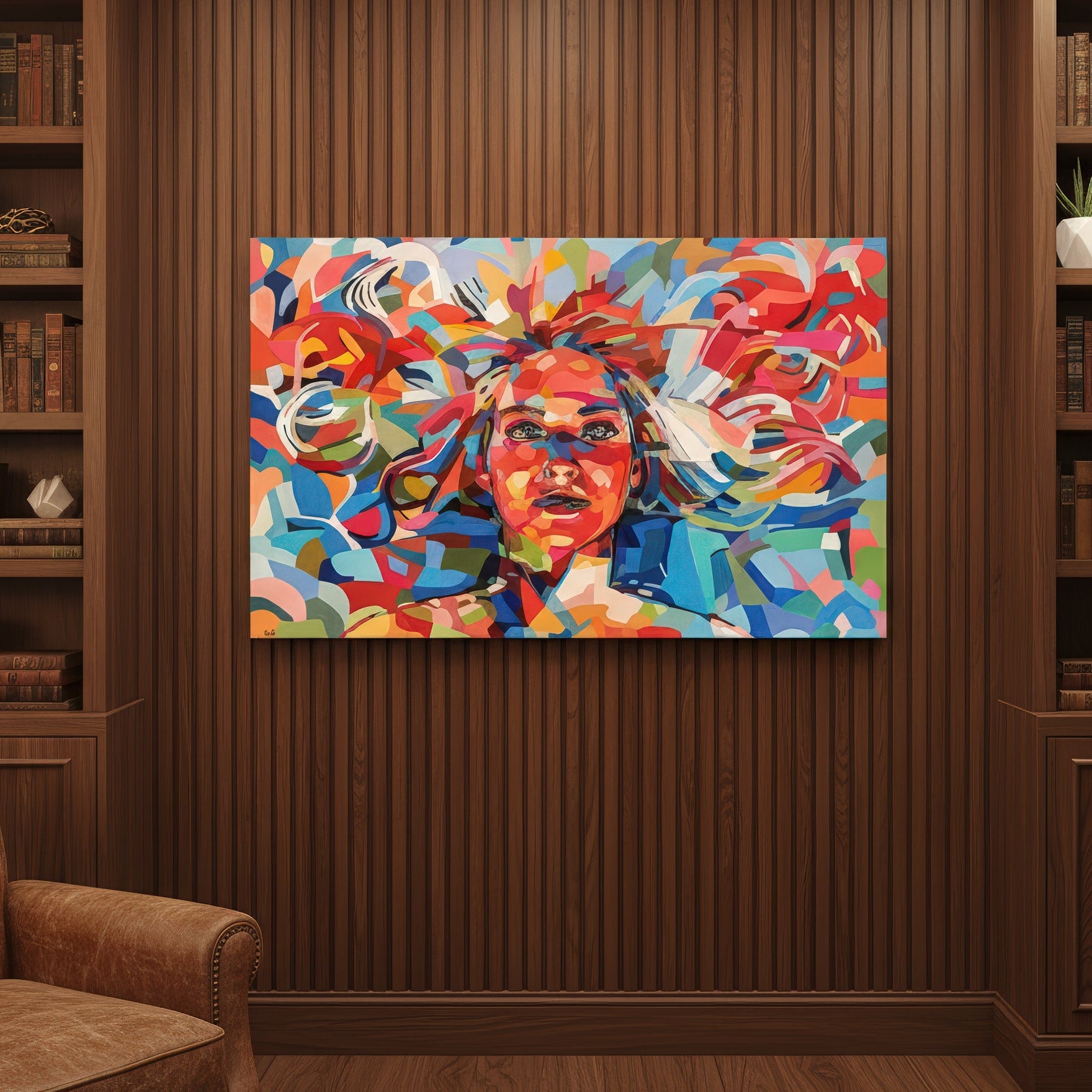 Fine art wall print by Noemi Safir featuring an expressive woman’s face in a radiant palette of pink, turquoise, coral, mint, blue, and white, surrounded by layered curved brushwork that creates rhythm and movement.
