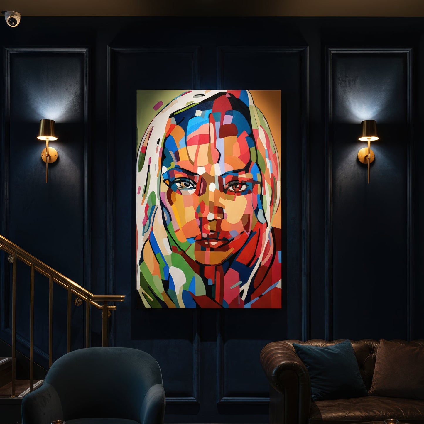 Contemporary female portrait print by Noemi Safir featuring a frontal face with an intense calm expression, painted in bold sections of red, turquoise, pink, green, cream, and golden peach.
