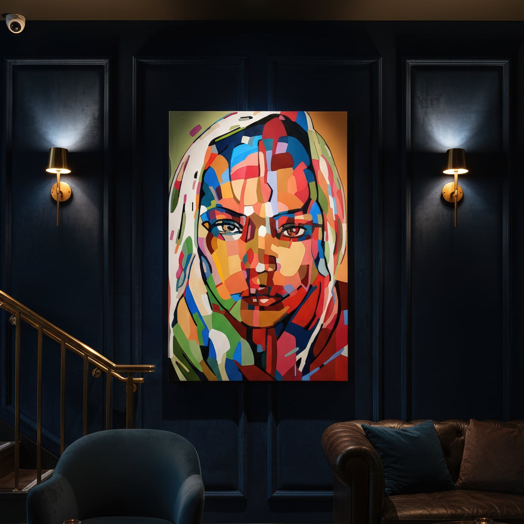 Contemporary female portrait print by Noemi Safir featuring a frontal face with an intense calm expression, painted in bold sections of red, turquoise, pink, green, cream, and golden peach.