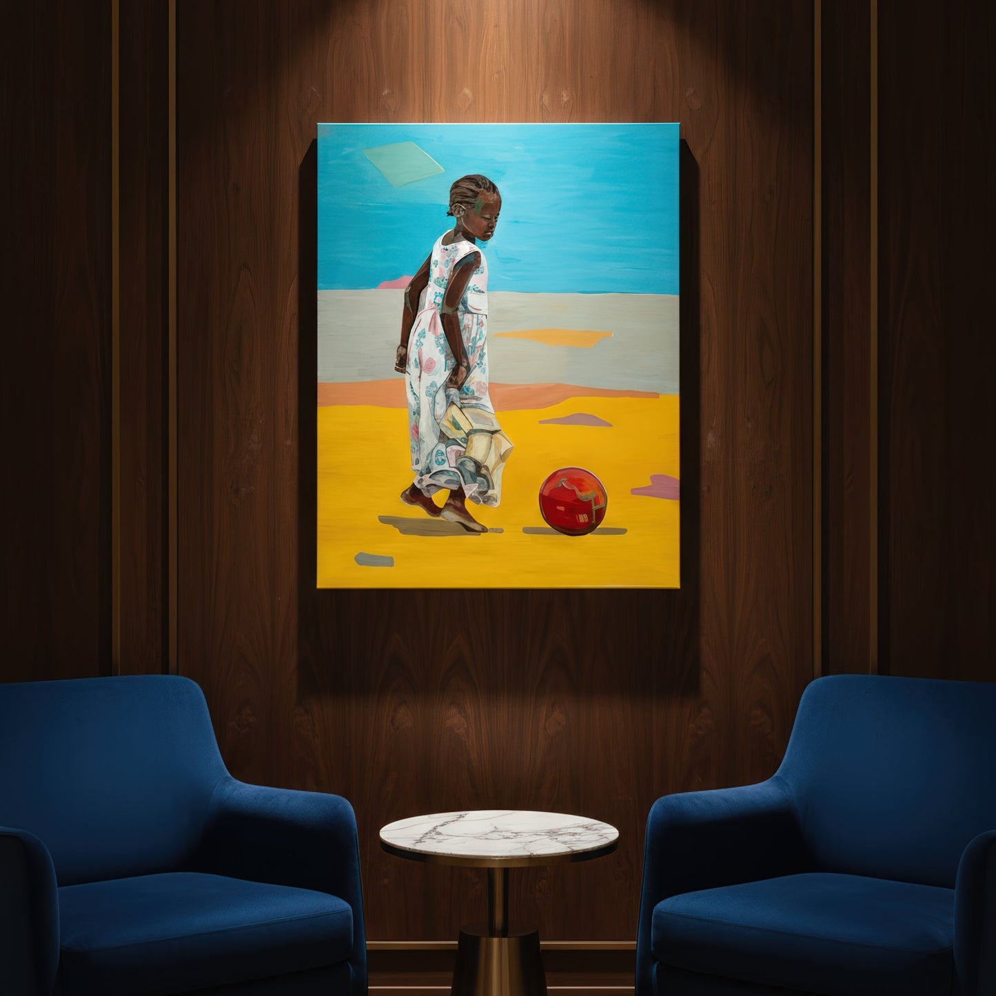 Collectible figurative art print by Noemi Safir featuring a barefoot child in a white and pastel floral dress standing on a bright yellow surface, with a red ball nearby and a luminous blue sky above.