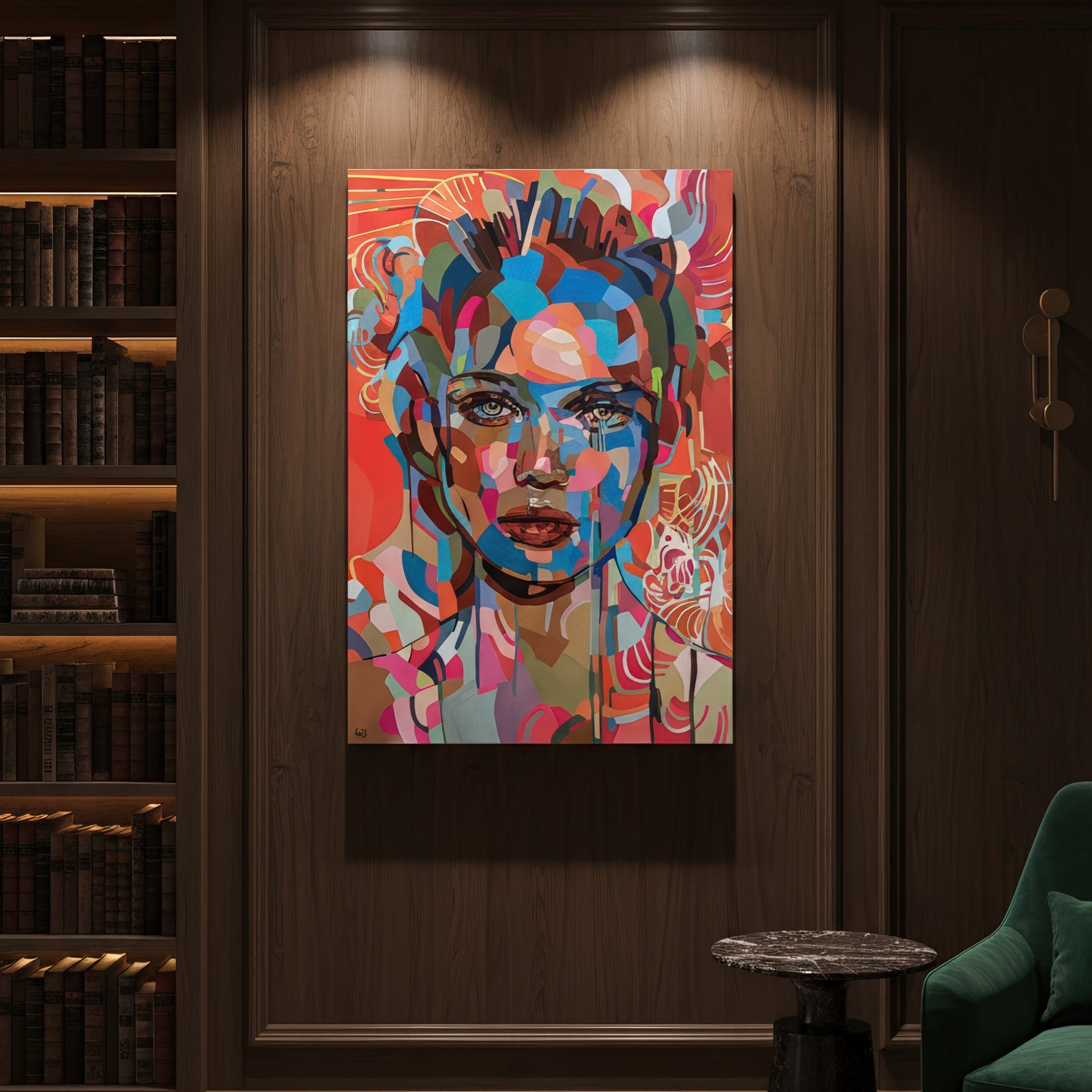 Collectible figurative art print by Noemi Safir featuring a close portrait of a woman with luminous eyes and full lips, surrounded by flowing abstract forms in coral, pink, turquoise, cream, and deep blue.