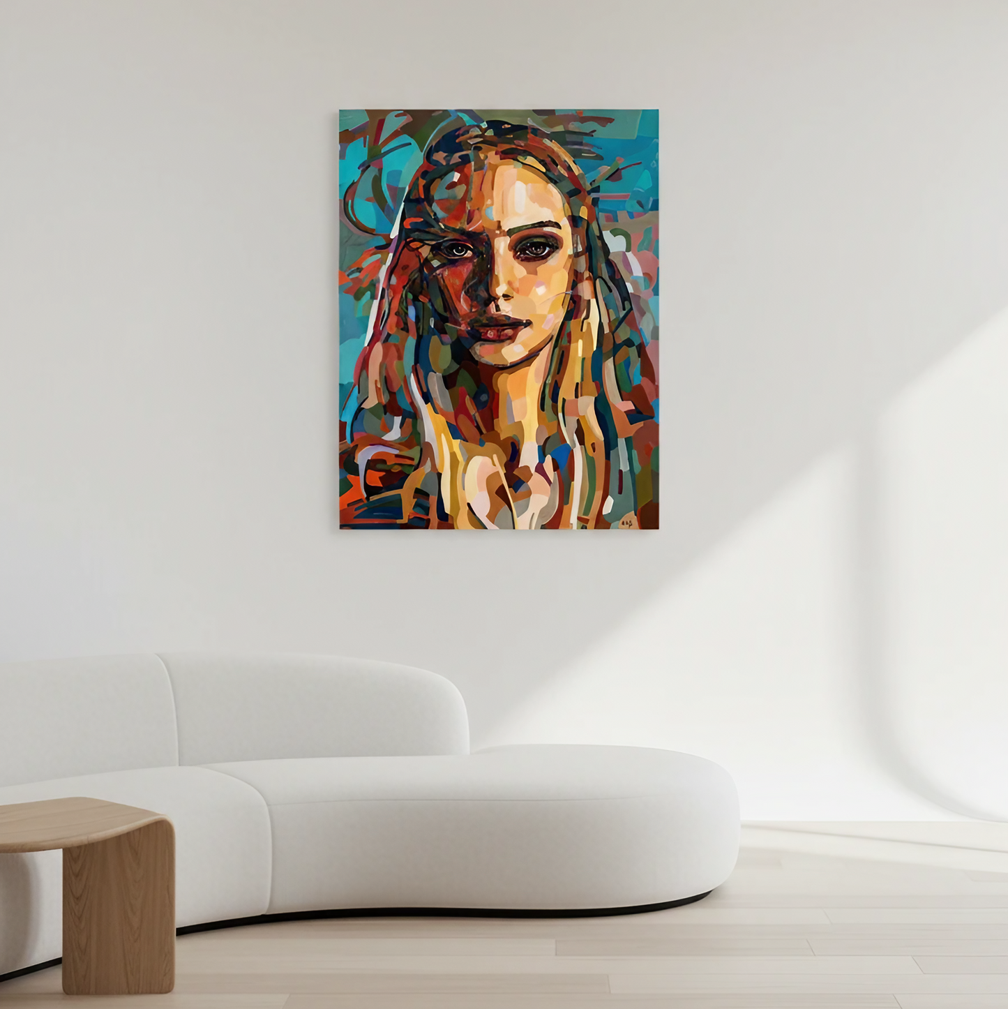 Limited edition contemporary portrait print by Noemi Safir, presenting a woman with an intense gaze, surrounded by layered strokes of coral, teal, olive, cream, navy, and gold in a vibrant emotionally charged composition.