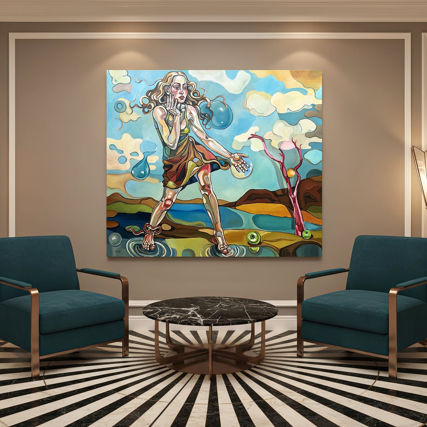 Original contemporary painting by Noemi Safir showing a woman in a dreamlike landscape with swirling clouds, floating spheres, and symbolic tension