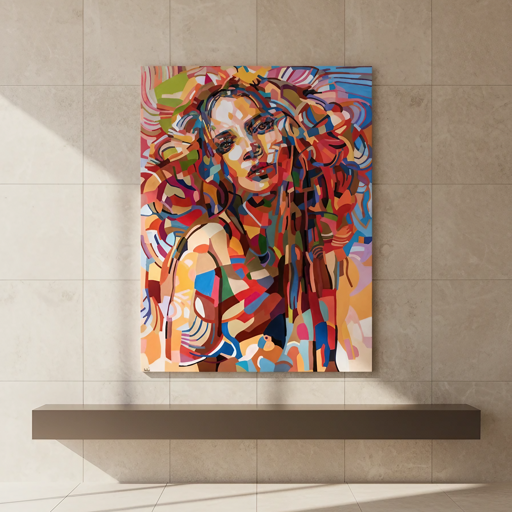Limited edition contemporary portrait print by Noemi Safir, presenting a female figure with a direct yet dreamlike expression, painted in luminous shades of pink, orange, turquoise, crimson, and soft cream.