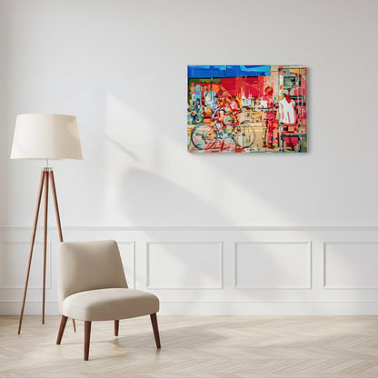 Museum quality art print by Noemi Safir based on an original painting, showing a colorful outdoor café with bicycles, tables, and human figures, capturing the social rhythm and bright light of Tel Aviv street life.