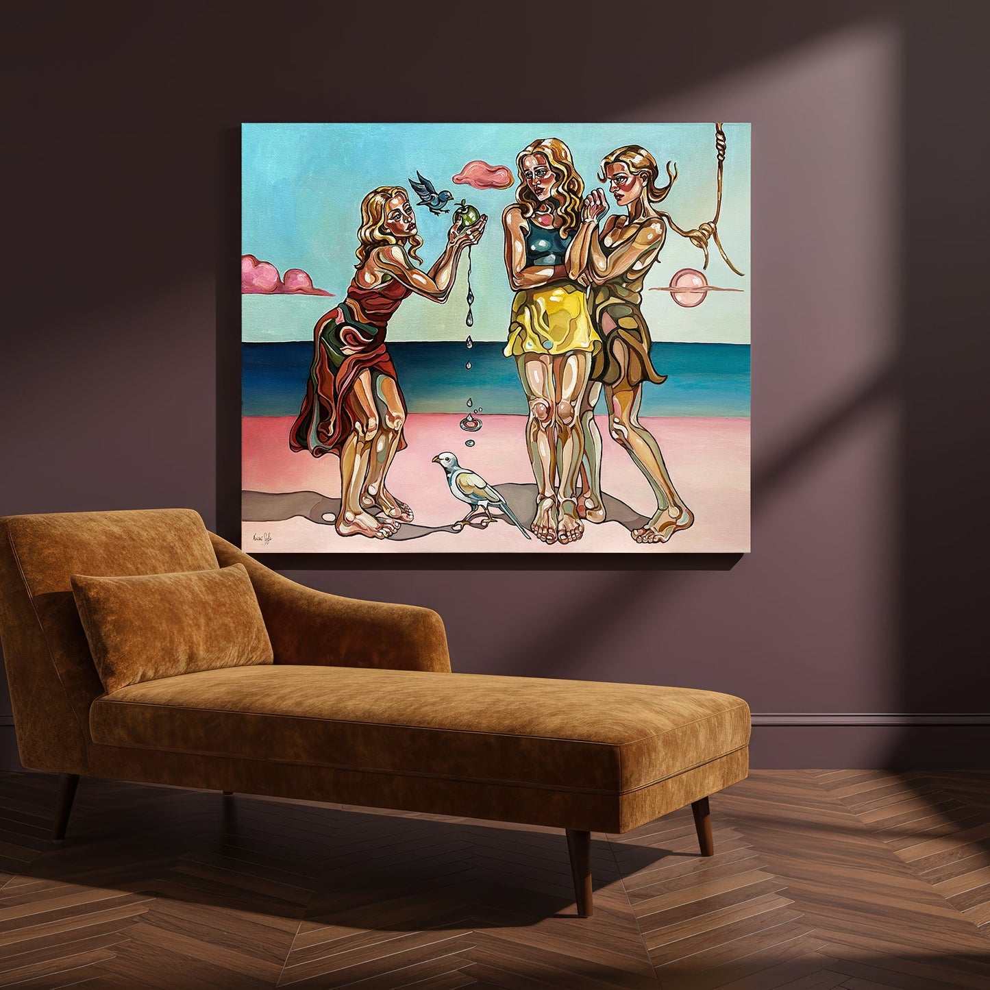 One of a kind original artwork by Noemi Safir showing three women, a green apple, two birds, and falling drops against a blue horizon