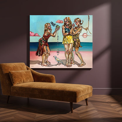 One of a kind original artwork by Noemi Safir showing three women, a green apple, two birds, and falling drops against a blue horizon