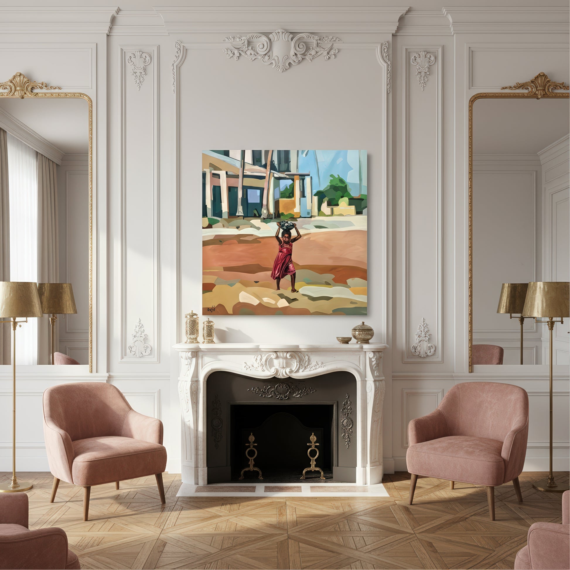 Museum quality fine art print by Noemi Safir based on an original painting, showing a young girl in a pink red dress carrying a bowl overhead across a rural path, surrounded by soft architectural forms, sunlit ground, and leafy green plants.
